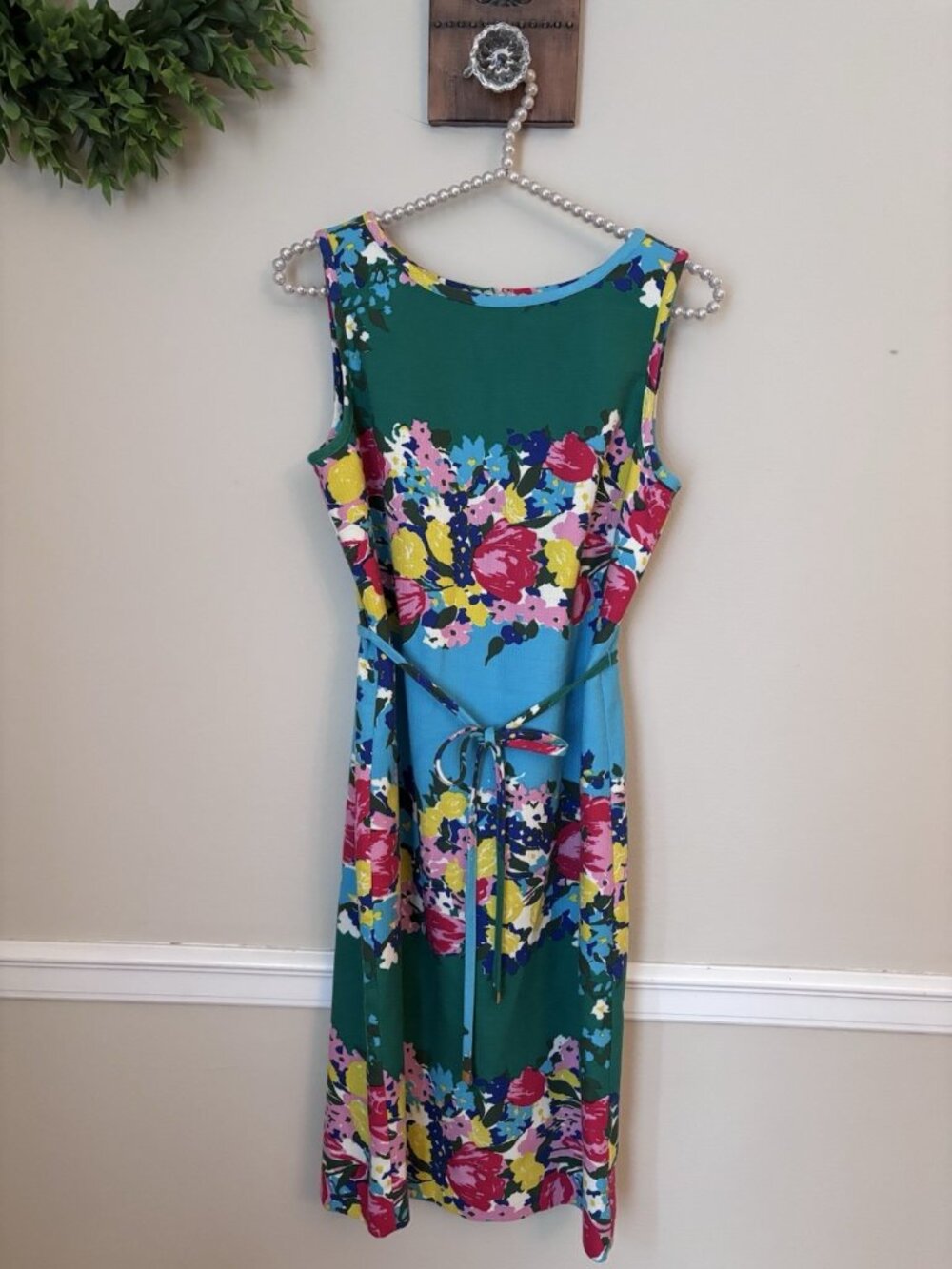 Talbots Womens Size 4 Green Floral Sheath Dress Sleeveless Belted Cotton Blend